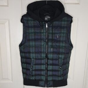 Polo by Ralph Lauren Performance Down Vest Hooded Size Small Green Plaid